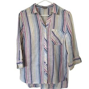 Chicos Womens No Iron 100% Linen Striped Pastel Casual Button Down Shirt Size 2
